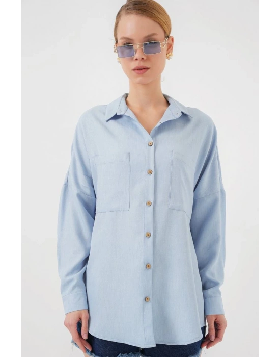 20126 Oversize Keten Gömlek  Mavi