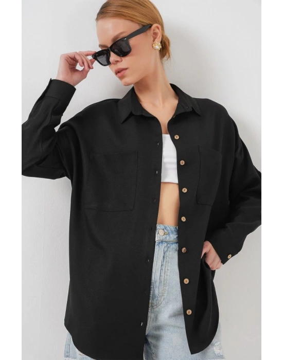 20126 Oversize Keten Gömlek  Siyah