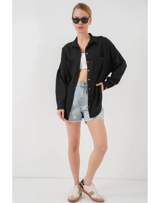 20126 Oversize Keten Gömlek  Siyah