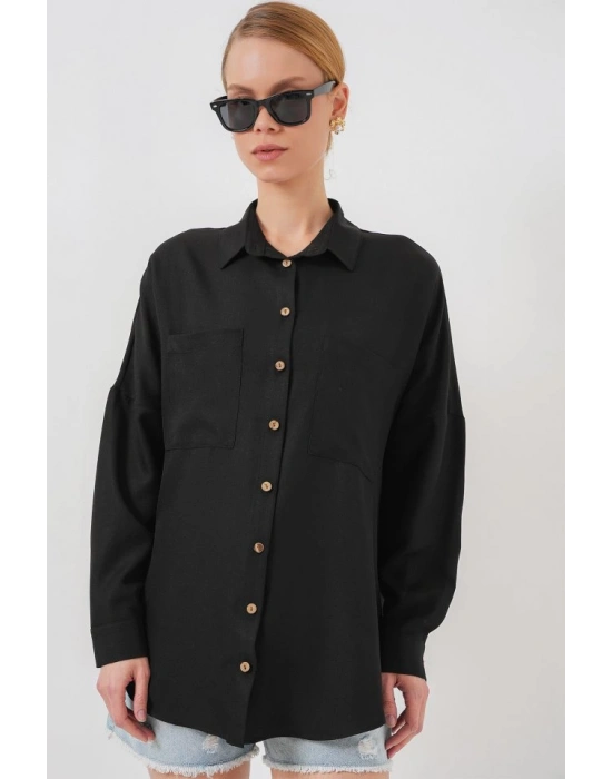 20126 Oversize Keten Gömlek  Siyah
