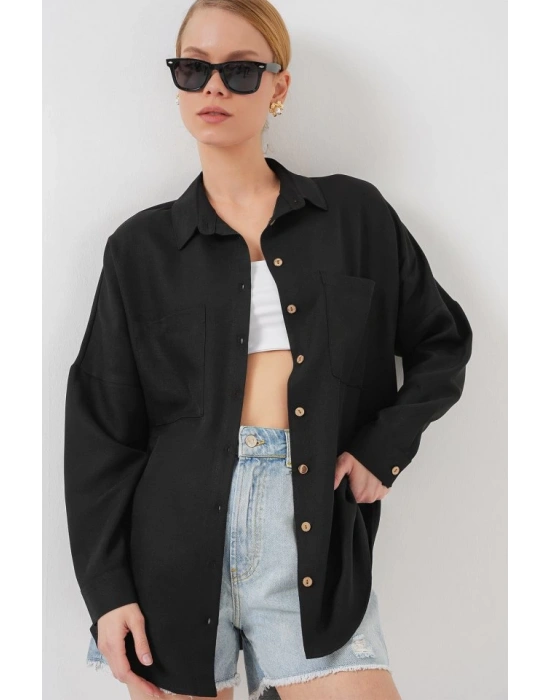20126 Oversize Keten Gömlek  Siyah