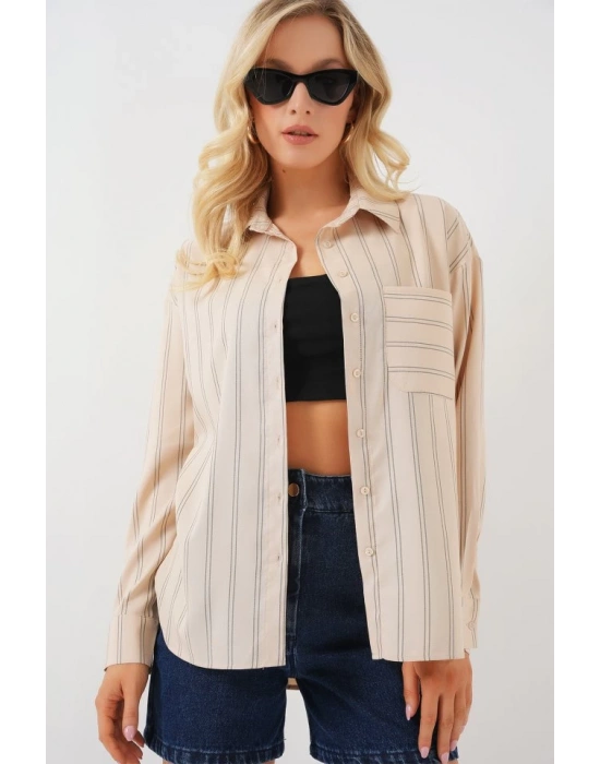 20143 Cepli Oversize Gömlek  Krem