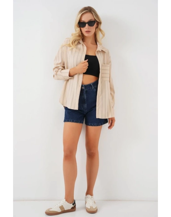 20143 Cepli Oversize Gömlek  Krem