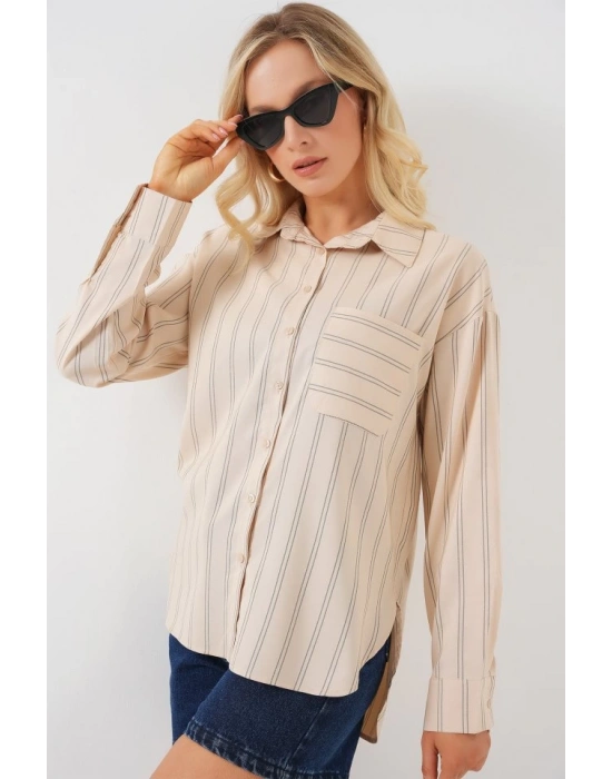 20143 Cepli Oversize Gömlek  Krem