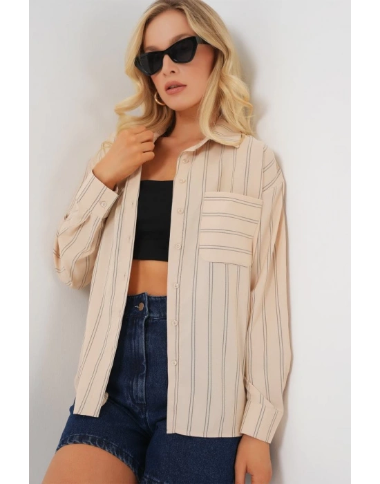 20143 Cepli Oversize Gömlek  Krem