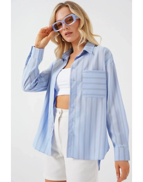20143 Cepli Oversize Gömlek  Mavi