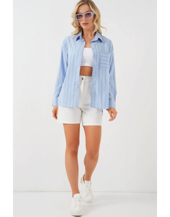 20143 Cepli Oversize Gömlek  Mavi