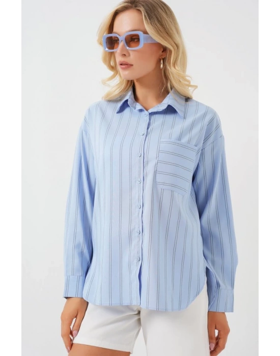 20143 Cepli Oversize Gömlek  Mavi