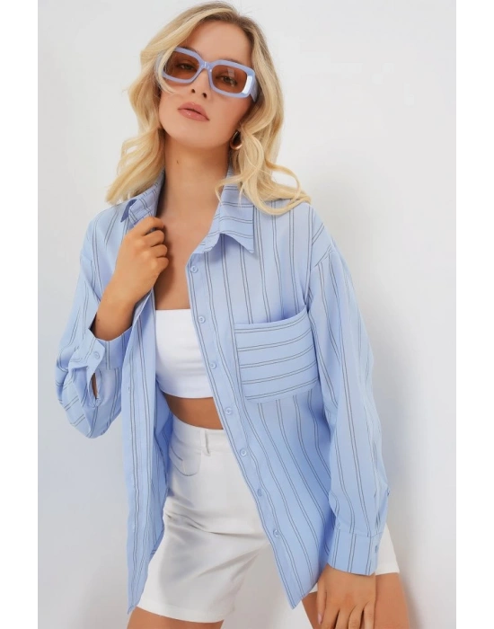 20143 Cepli Oversize Gömlek  Mavi