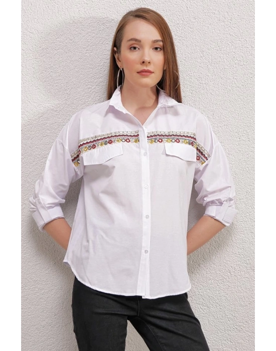 20147 Nakışlı Gömlek  Beyaz