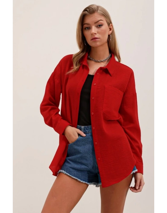 20153 Tek Cepli Oversize Gömlek  Kırmızı