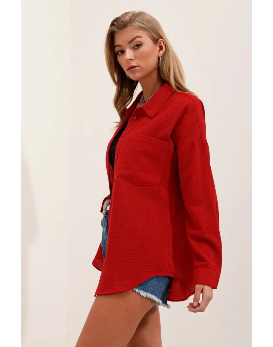 20153 Tek Cepli Oversize Gömlek  Kırmızı