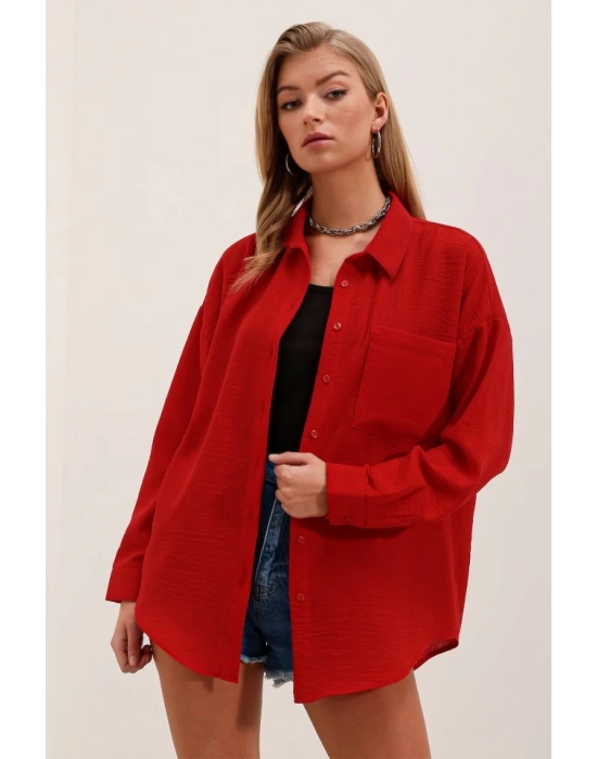 20153 Tek Cepli Oversize Gömlek  Kırmızı