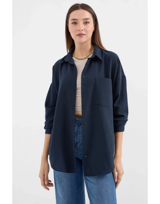 20153 Tek Cepli Oversize Keten Gömlek  Lacivert