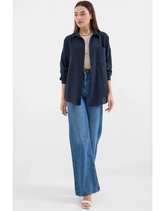 20153 Tek Cepli Oversize Keten Gömlek  Lacivert