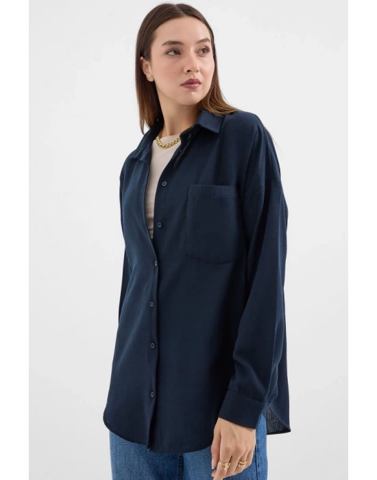 20153 Tek Cepli Oversize Keten Gömlek  Lacivert