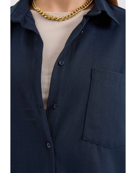 20153 Tek Cepli Oversize Keten Gömlek  Lacivert