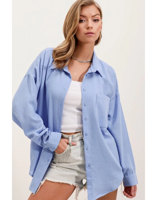 20153 Tek Cepli Oversize Keten Gömlek  Mavi