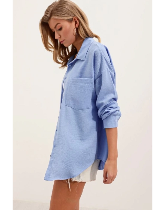 20153 Tek Cepli Oversize Keten Gömlek  Mavi