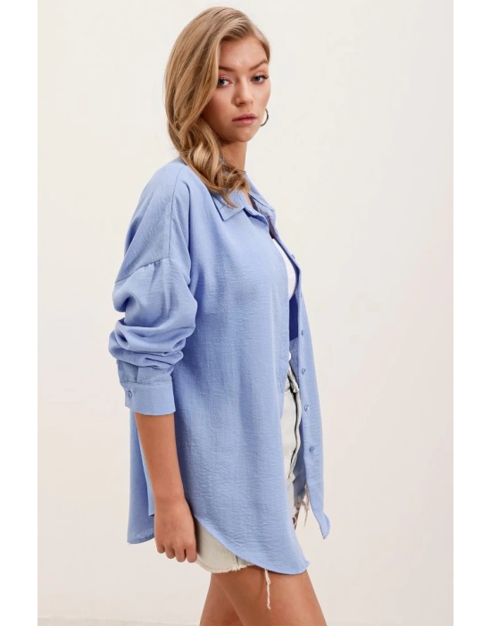 20153 Tek Cepli Oversize Keten Gömlek  Mavi