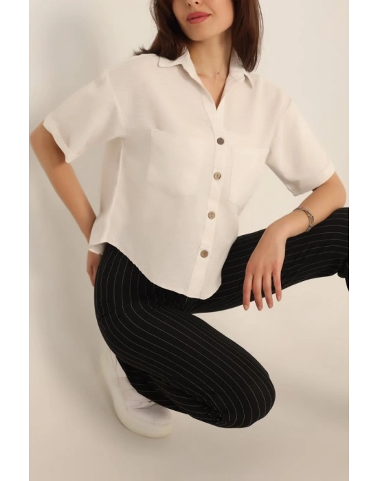 20180 Çift Cepli Keten Gömlek  Taş