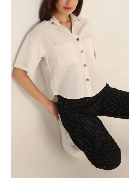 20180 Çift Cepli Keten Gömlek  Taş