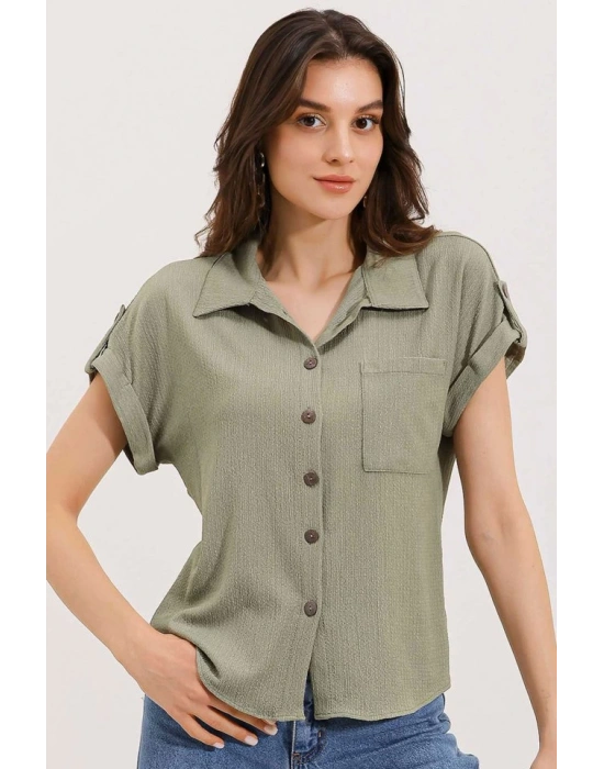 20187 Kısa Kol Oversize Örme Gömlek  Çağla