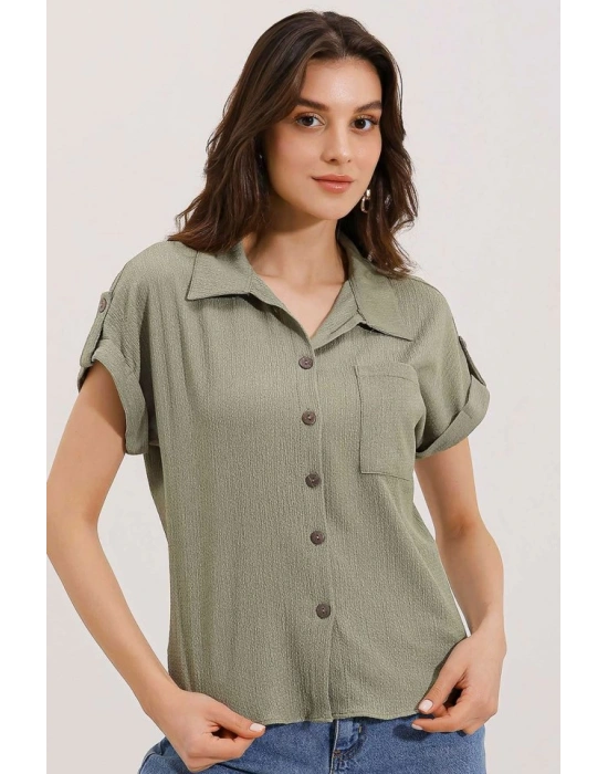 20187 Kısa Kol Oversize Örme Gömlek  Çağla