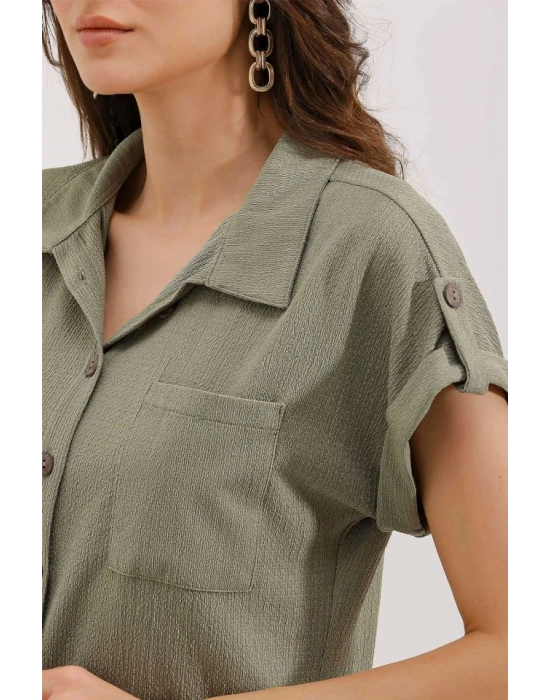 20187 Kısa Kol Oversize Örme Gömlek  Çağla