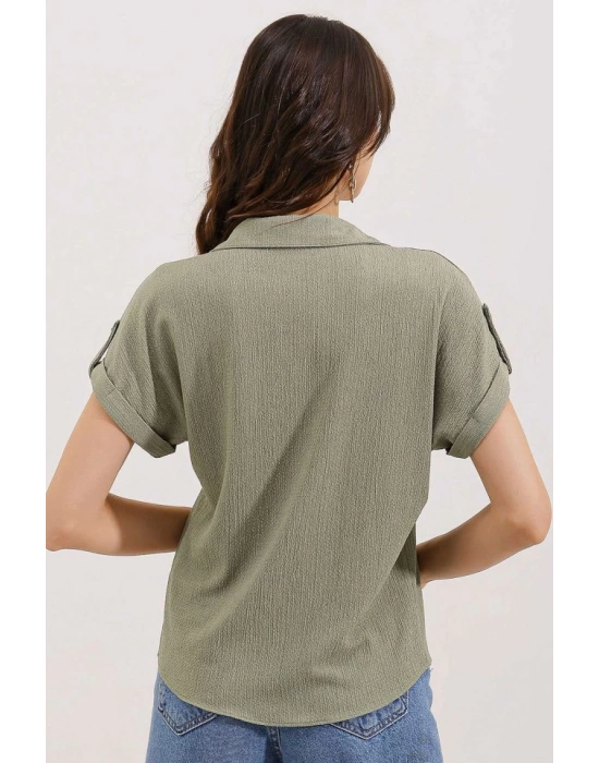 20187 Kısa Kol Oversize Örme Gömlek  Çağla