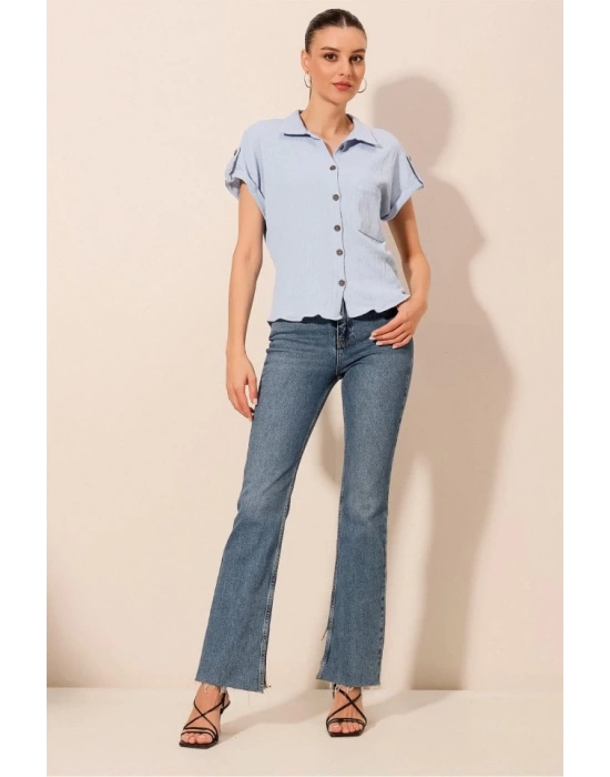 20187 Kısa Kol Oversize Örme Gömlek  Mavi