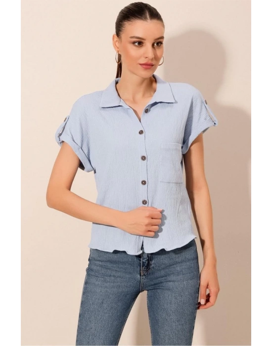 20187 Kısa Kol Oversize Örme Gömlek  Mavi