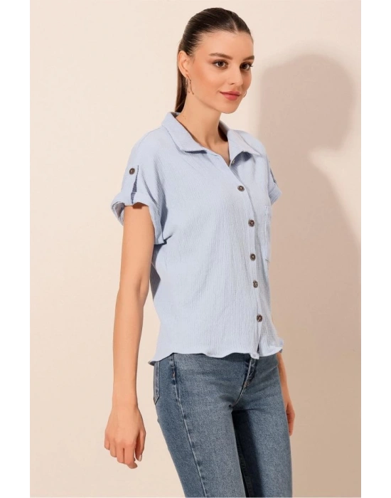 20187 Kısa Kol Oversize Örme Gömlek  Mavi