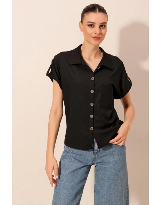 20187 Kısa Kol Oversize Örme Gömlek  Siyah