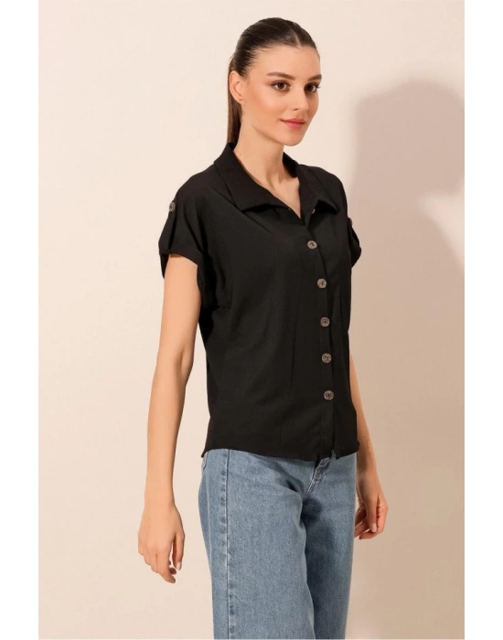 20187 Kısa Kol Oversize Örme Gömlek  Siyah
