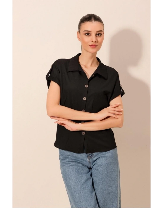 20187 Kısa Kol Oversize Örme Gömlek  Siyah