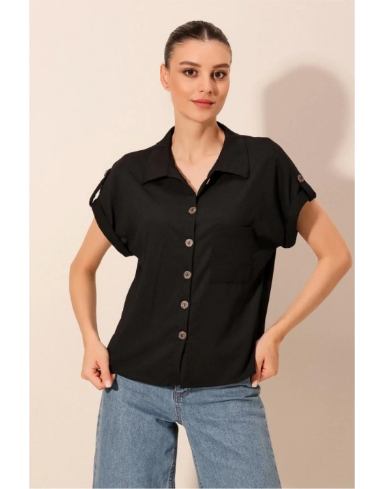 20187 Kısa Kol Oversize Örme Gömlek  Siyah