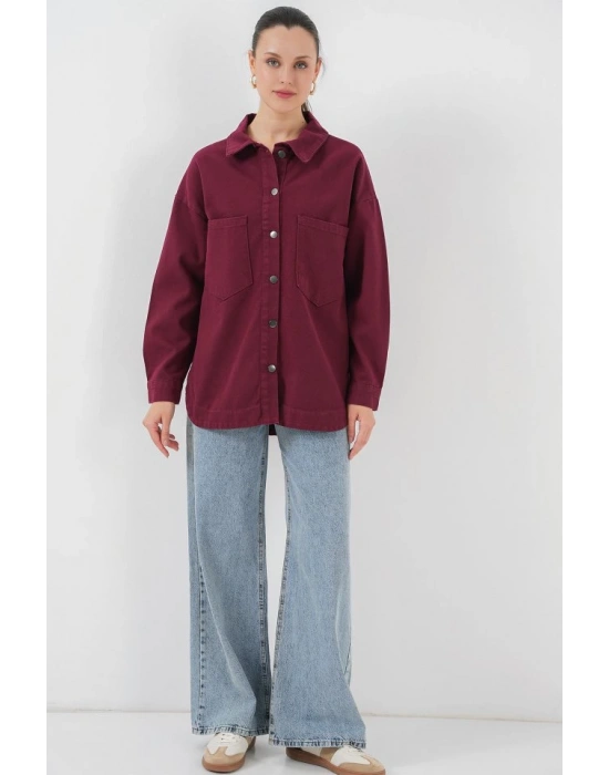 20192 Oversize Gabardin Gömlek Ceket  Bordo