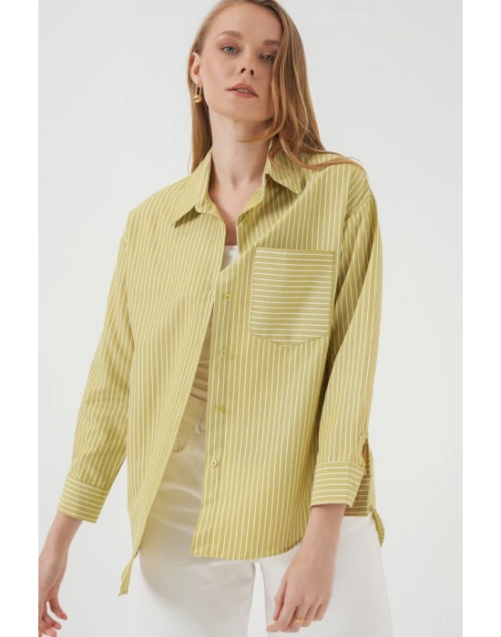 20205 Çizgili Oversize Gömlek  Yağ Yeşil