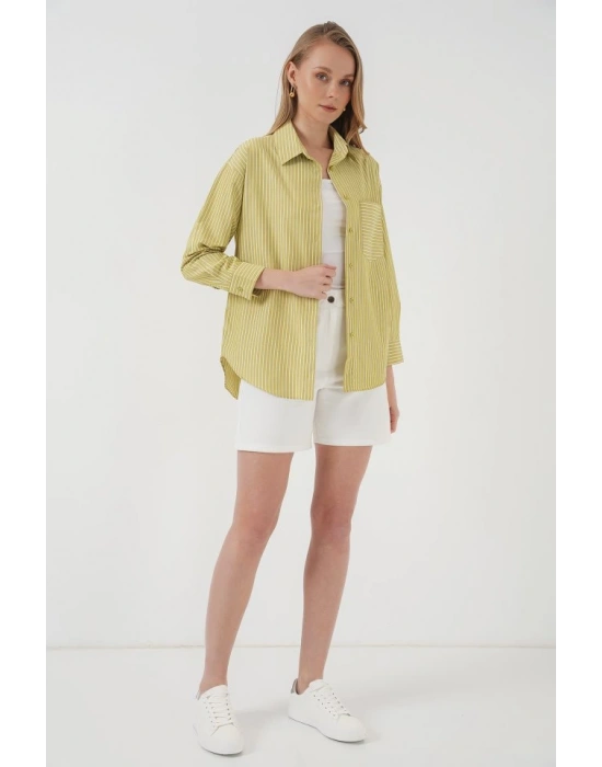 20205 Çizgili Oversize Gömlek  Yağ Yeşil