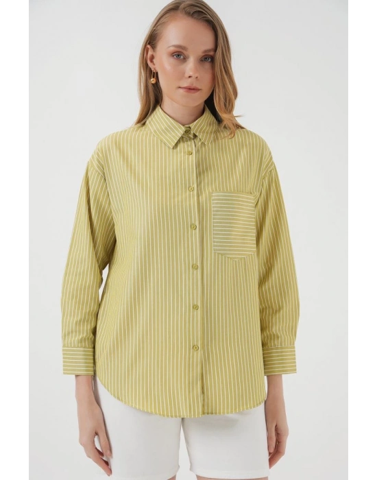 20205 Çizgili Oversize Gömlek  Yağ Yeşil