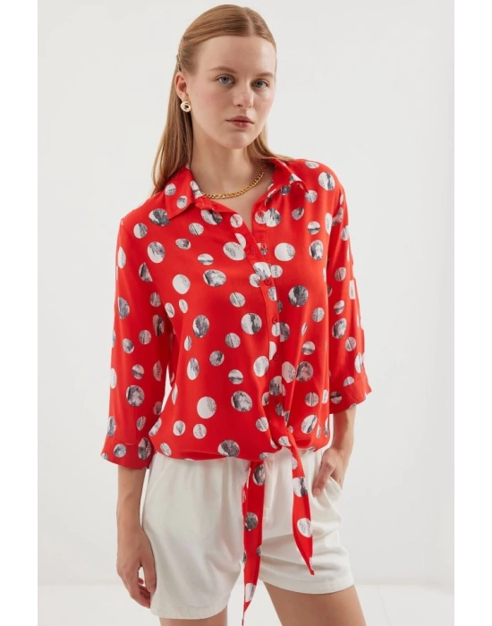 20243 Önü Bağlamalı Desenli Gömlek  Kırmızı