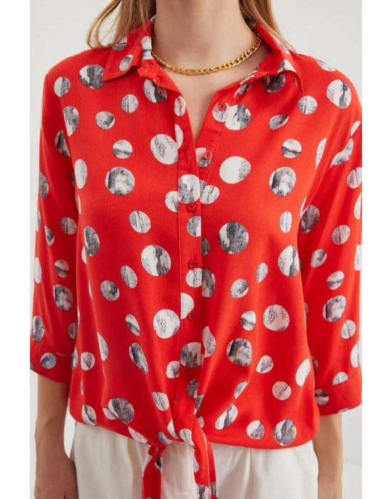 20243 Önü Bağlamalı Desenli Gömlek  Kırmızı
