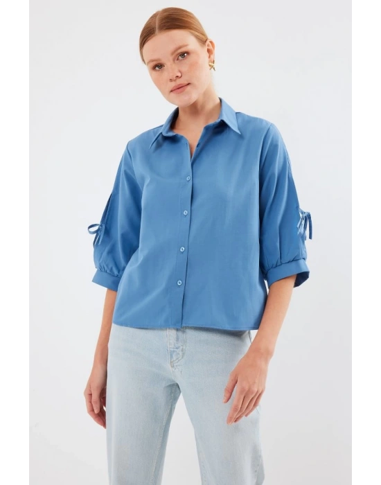 20246 Kol Detaylı Crop Gömlek  İndigo