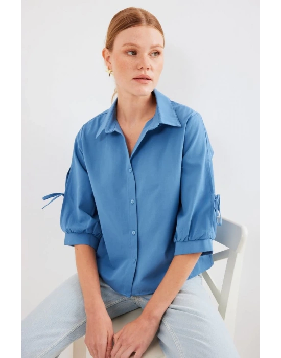 20246 Kol Detaylı Crop Gömlek  İndigo