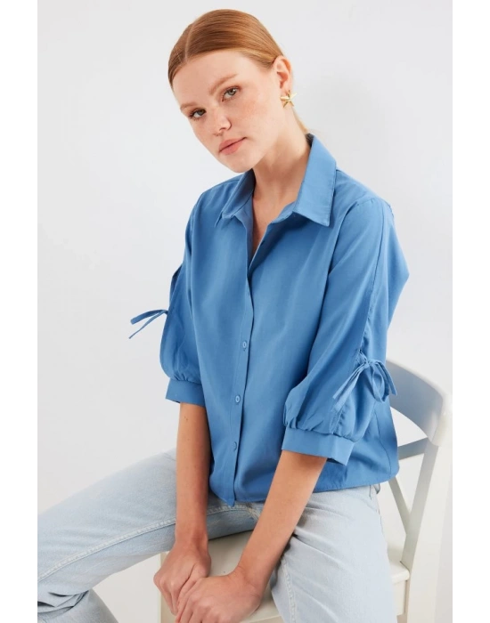 20246 Kol Detaylı Crop Gömlek  İndigo