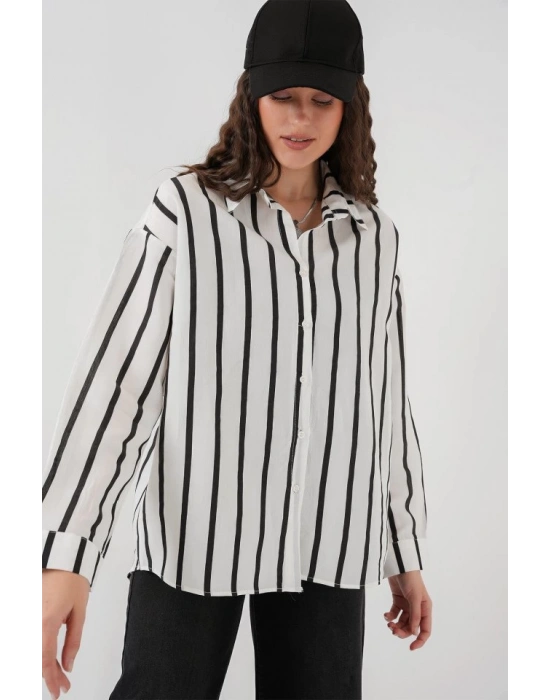 20254 Çizgili Oversize Basic Gömlek  Siyah  Beyaz