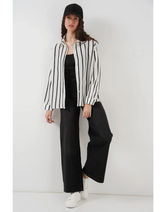 20254 Çizgili Oversize Basic Gömlek  Siyah  Beyaz