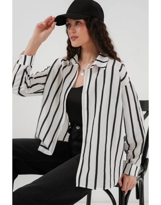 20254 Çizgili Oversize Basic Gömlek  Siyah  Beyaz