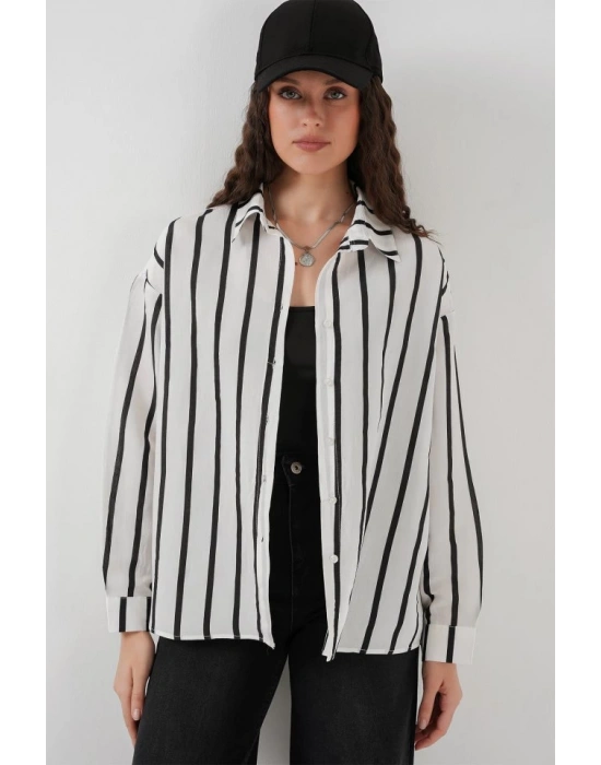 20254 Çizgili Oversize Basic Gömlek  Siyah  Beyaz